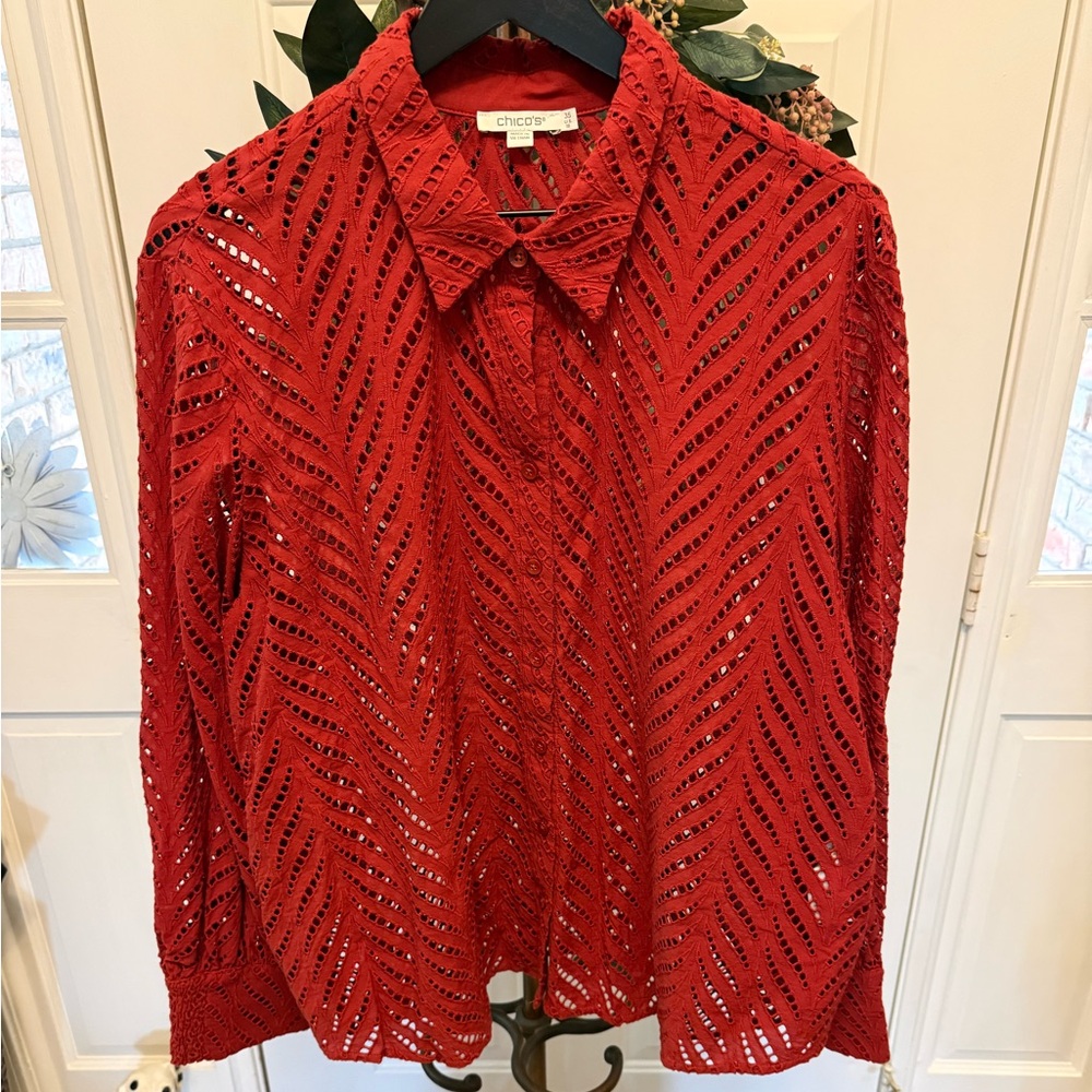 NWT Chico’s Moroccan Lace Shirt Eyelet Button Down Shirt LS
